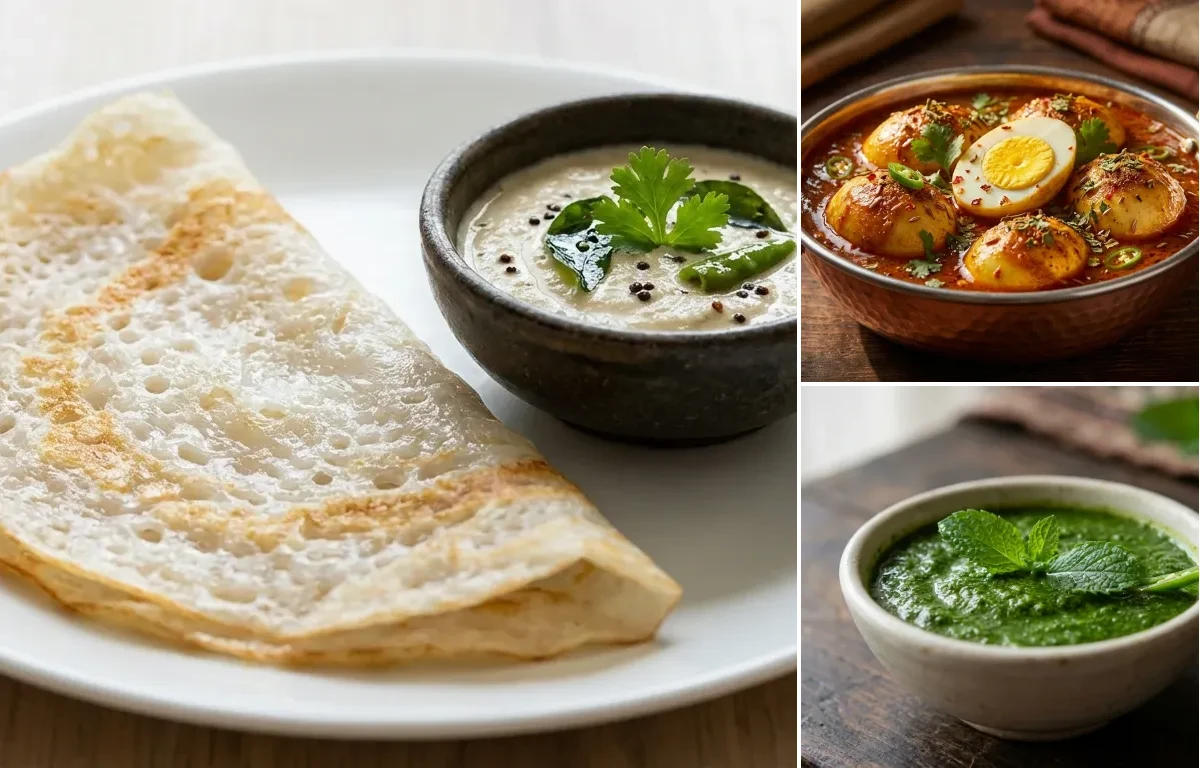 Neer Dosa with Egg Curry and Mint Chutney