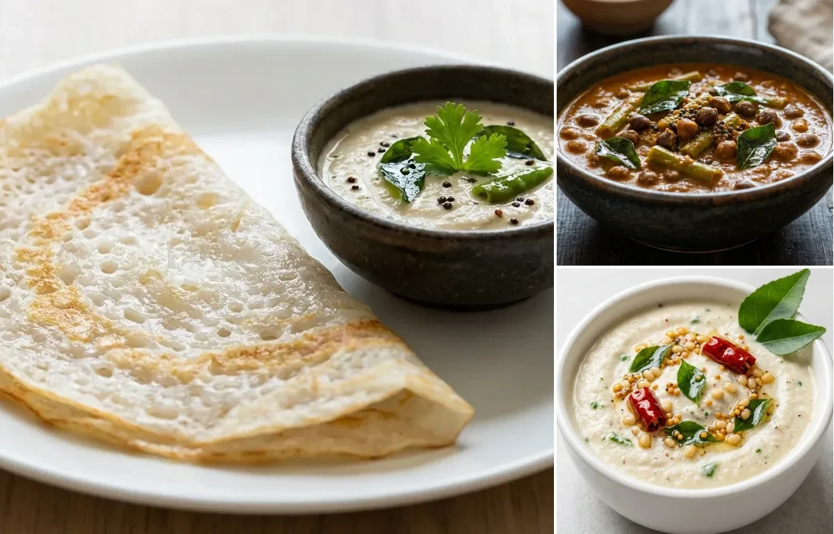 Neer Dosa with Kadle Manoli Gassi and Coconut Chutney