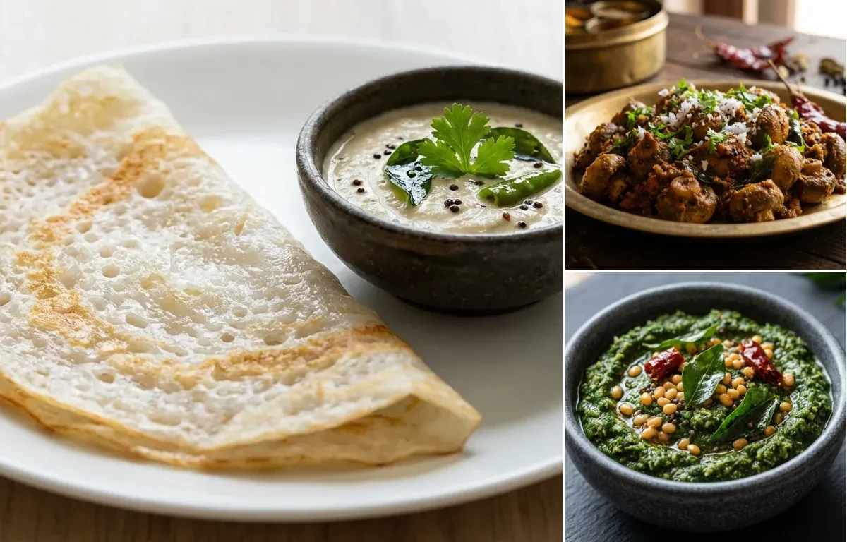 Neer Dosa with Mushroom Sukkha and Thimare Chutney