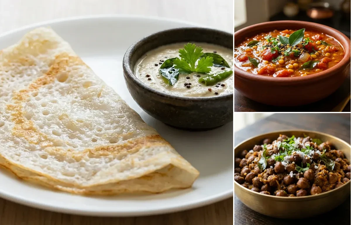 Neer Dosa with Tomato Gojju and Kadle Sukka