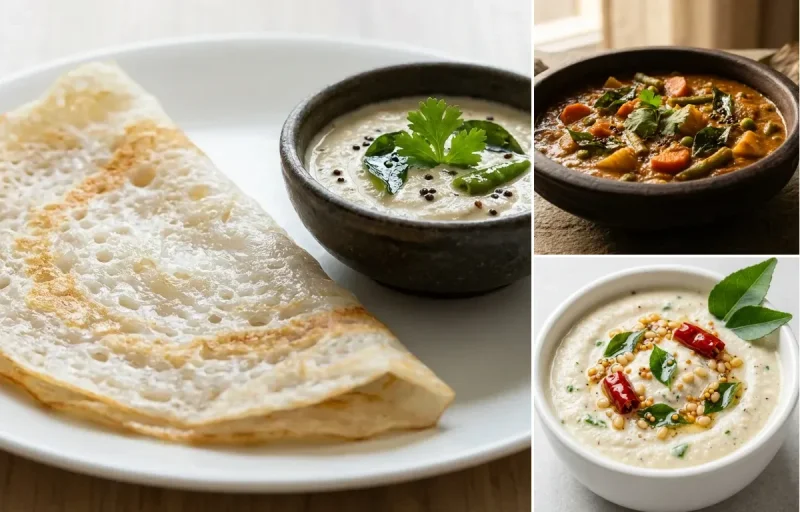Neer Dosa with Vegetable Gassi and Coconut Chutney