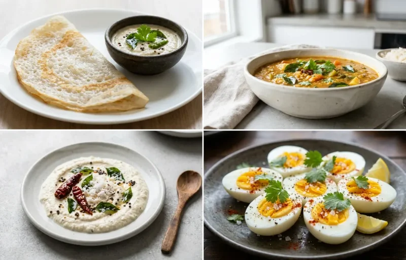 Neer Dosa with Drumstick Sambar, Coconut Chutney No-Salt, Boiled Egg and Plain Yogurt Cup