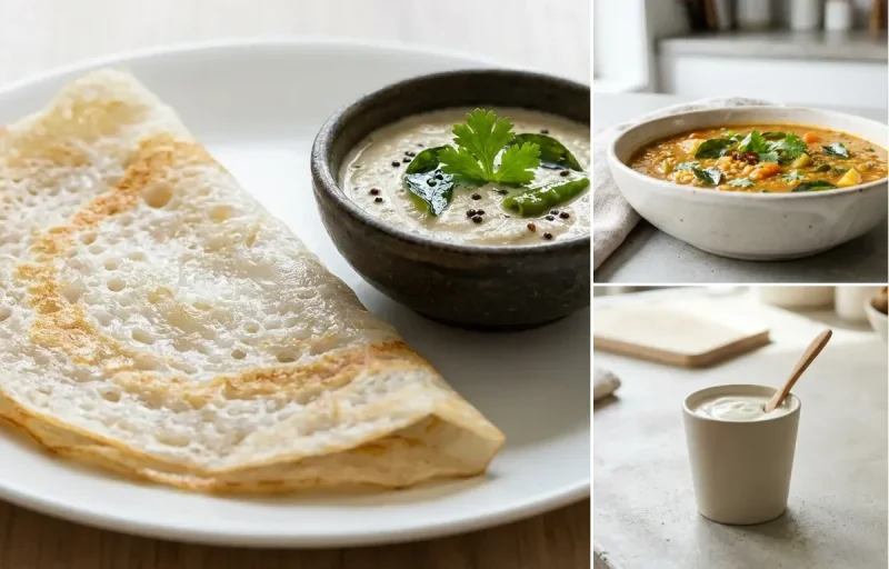 Neer Dosa with Drumstick Sambar, Coconut Mint Chutney, Two Boiled Eggs and Plain Yogurt Cup