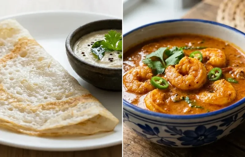 Neer Dosa with Goan Prawn Curry