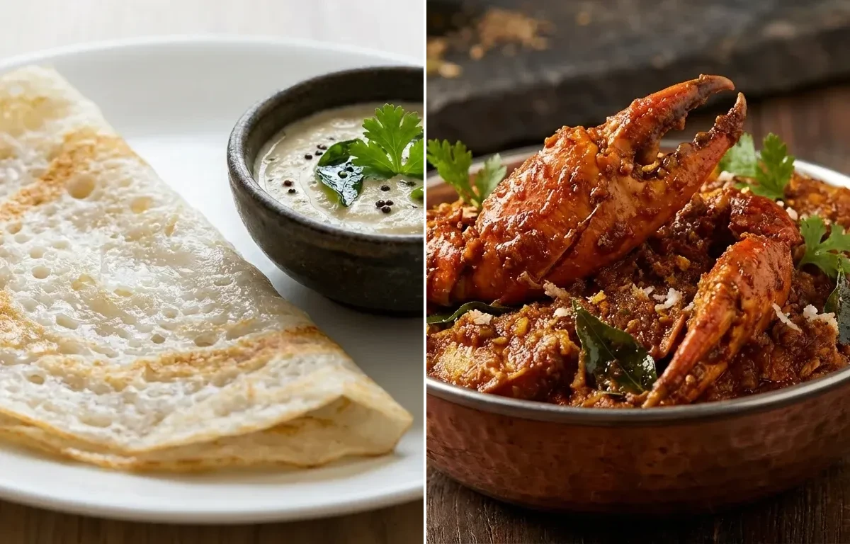 Neer Dosa with Mangalorean Crab Sukka