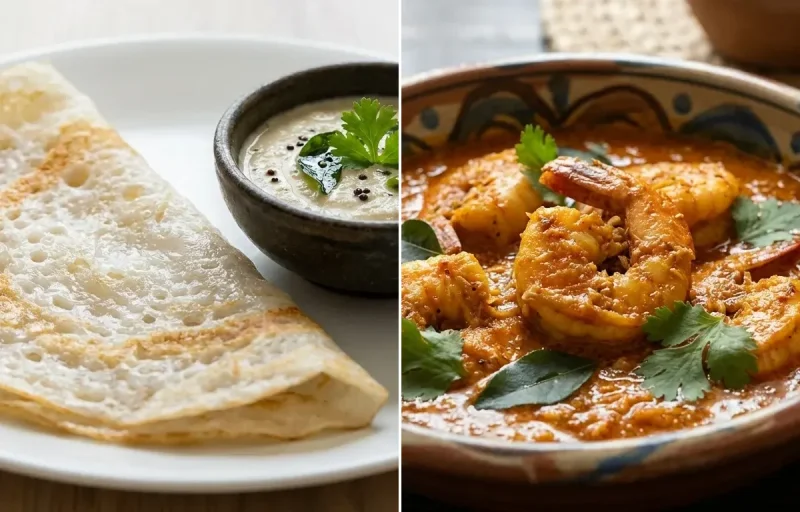 Neer Dosa with Mangalorean Prawn Curry