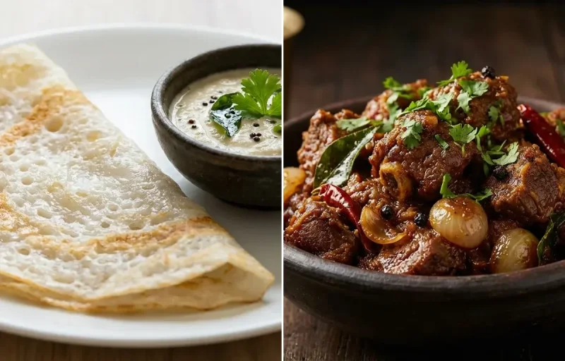 Neer Dosa with Mutton Sukka