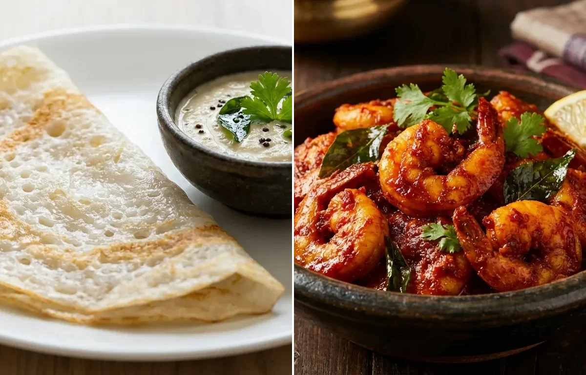 Neer Dosa with Prawn Ghee Roast