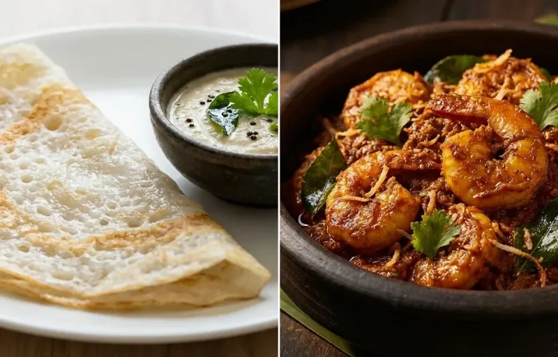 Neer Dosa with Prawn Sukka
