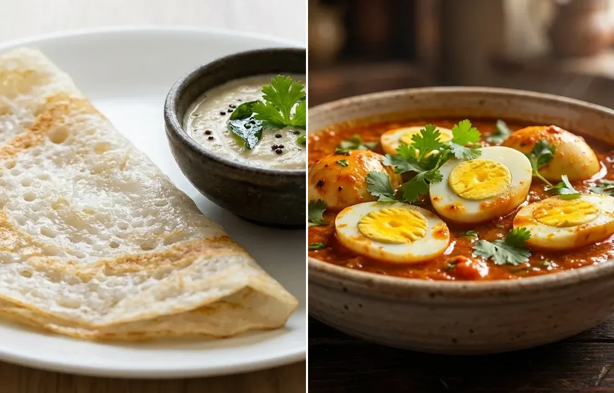 Neer Dosa with Tomato Egg Curry