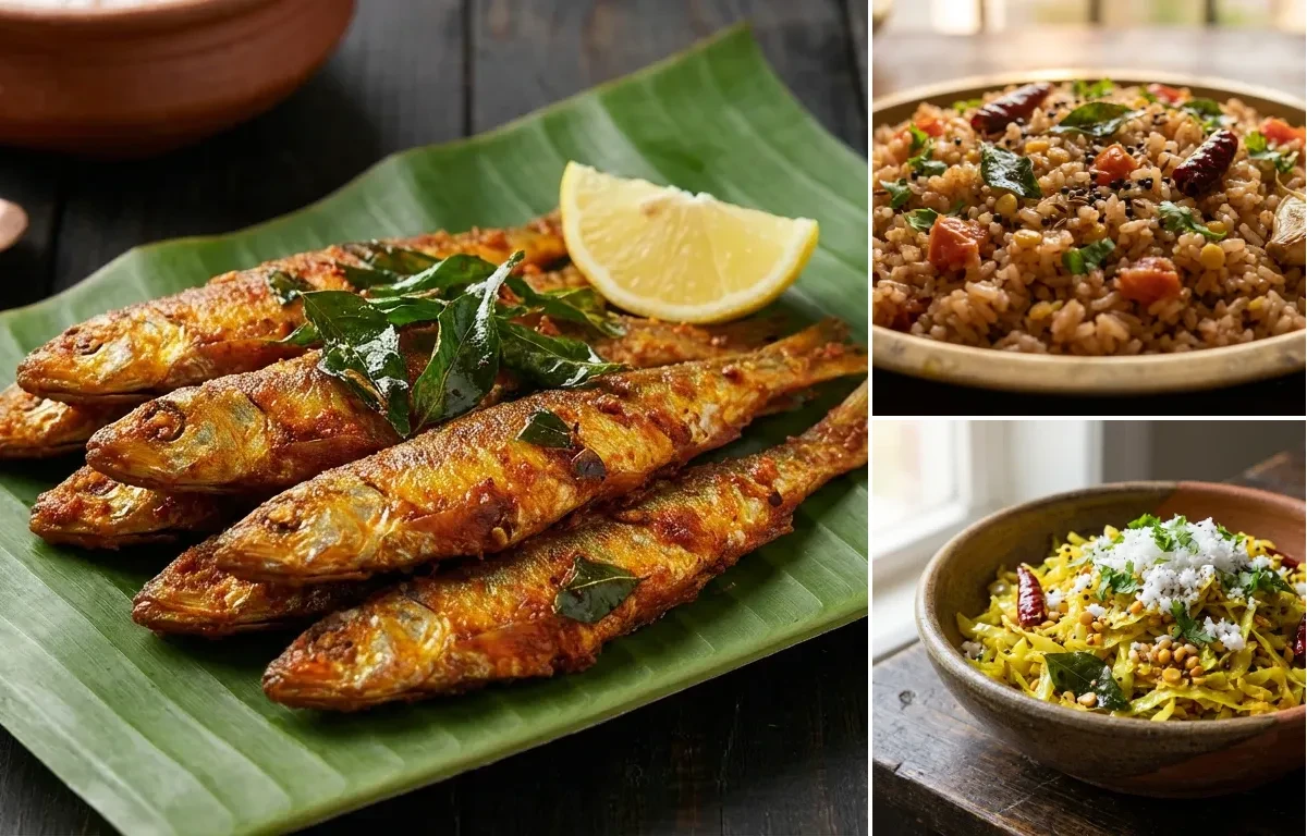 Nethili Meen Fry with Rasam Rice and Cabbage Poriyal