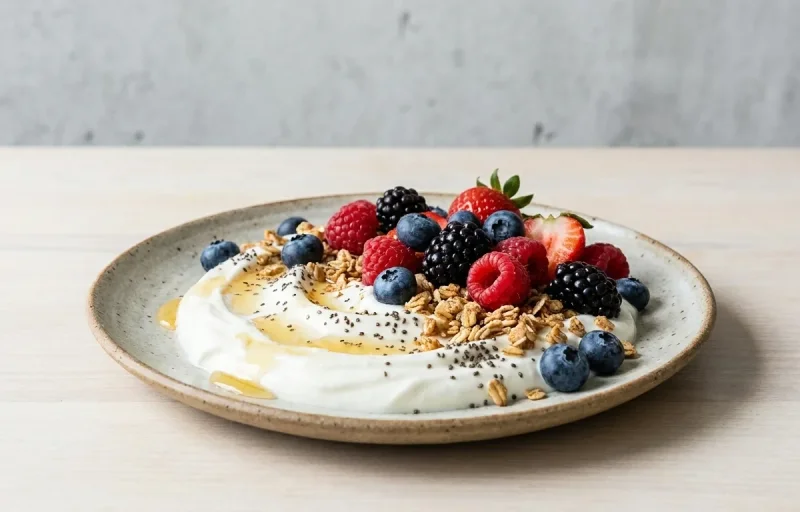 Oat Banana Pancakes with Yogurt Berry Bowl and Vegan Spiced Roasted Pumpkin Seeds