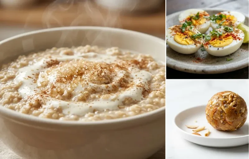 Oatmeal Porridge with Boiled Eggs with Gond Ladoo