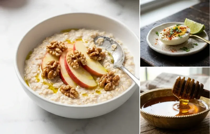 Oatmeal with Apples and Walnuts with Hard Boiled Egg and Honey
