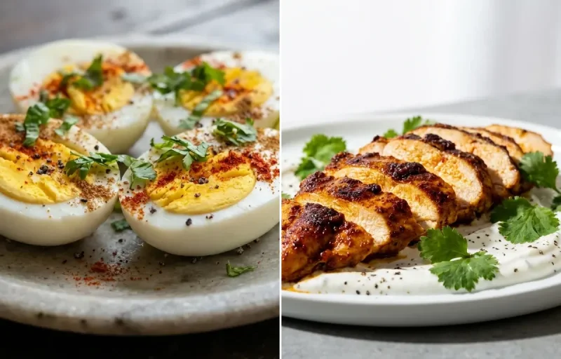 Oats Banana Porridge with Boiled Eggs with Spiced Chicken Slices