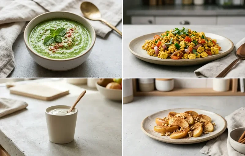 Oats Chilla with Mint Yogurt Chutney, Vegan Tofu Bhurji, Plain Yogurt Cup and Apple With Cinnamon