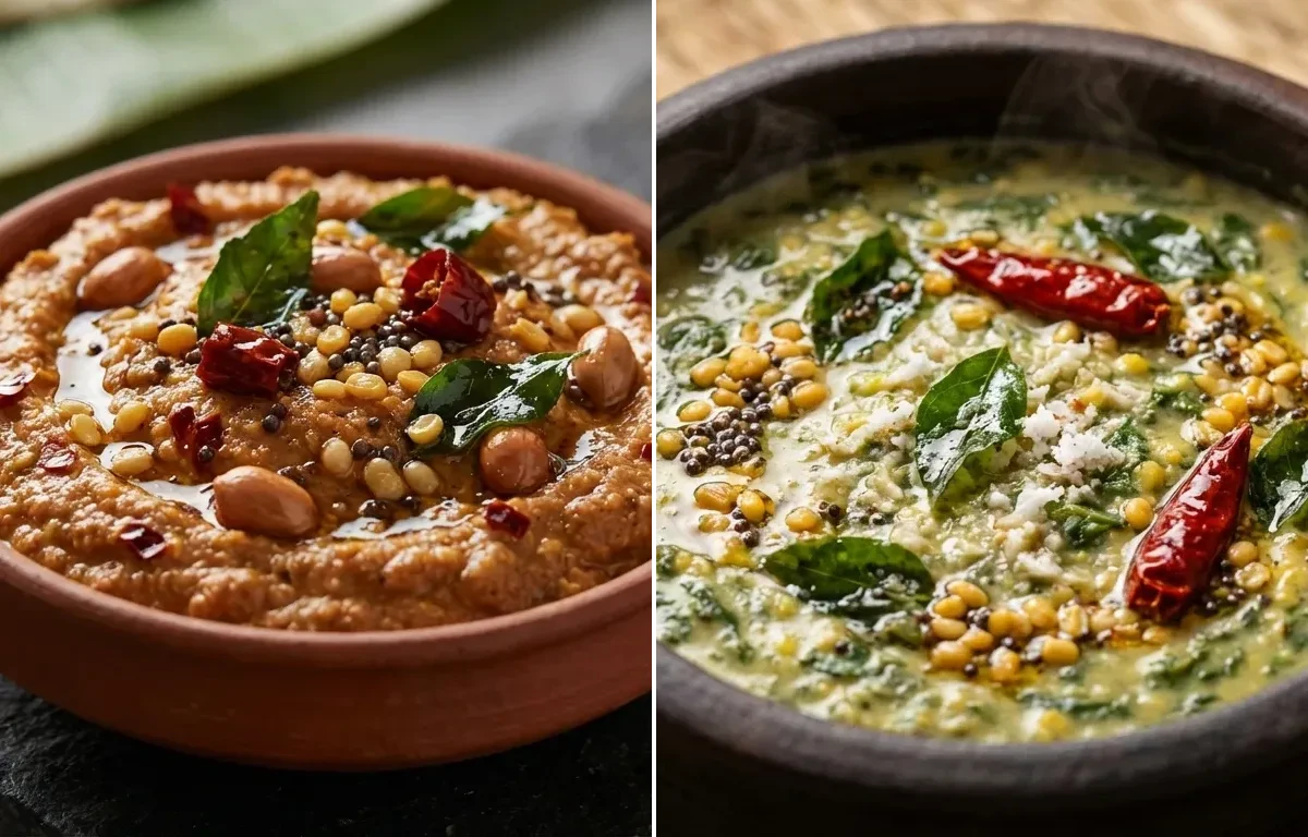 Oats Dosa with Peanut Chutney and Keerai Kootu
