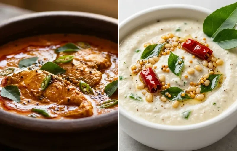 Oats Idli with Fish Curry and Coconut Chutney