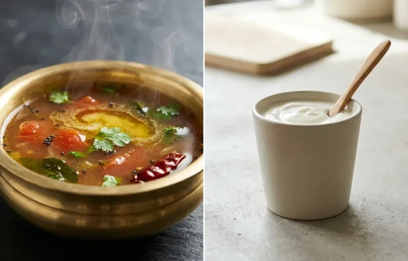 Oats Idli with Rasam, Cilantro Coconut Chutney and Plain Yogurt Cup