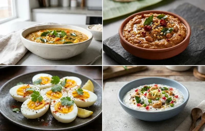 Oats Idli with Vegetable Sambar, Peanut Chutney, Boiled Egg and Curd Rice Snack Bowl