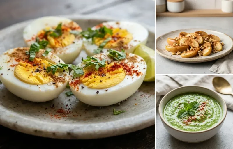 Oats Poha with Boiled Eggs, Apple With Cinnamon and Mint Yogurt Chutney