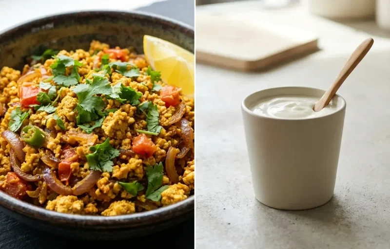 Oats Poha with Tofu Bhurji, Cucumber Chaat, Plain Yogurt Cup and Mint Coriander Chutney No-Salt
