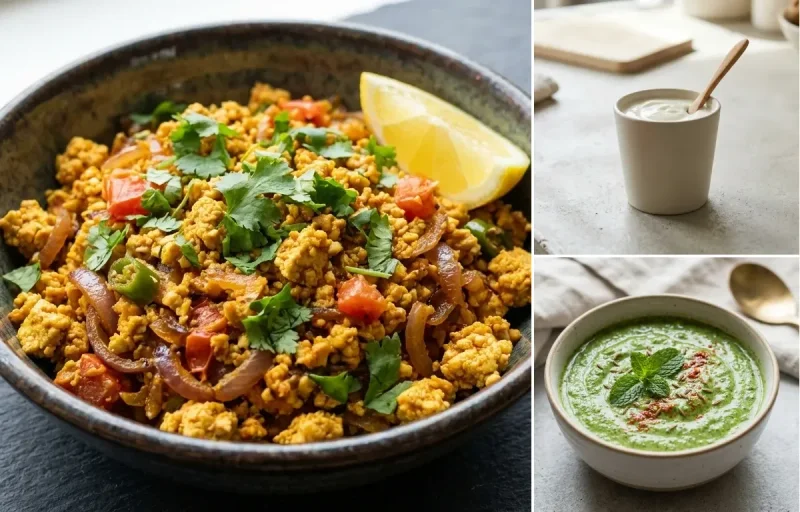 Oats Poha with Tofu Bhurji, Plain Yogurt Cup and Mint Yogurt Chutney