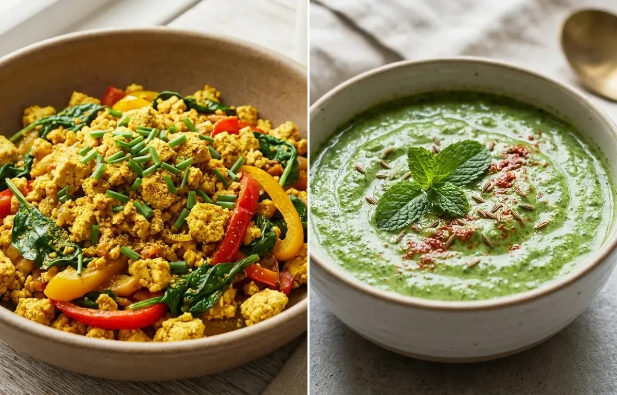 Oats Poha with Tofu Scramble and Mint Yogurt Chutney