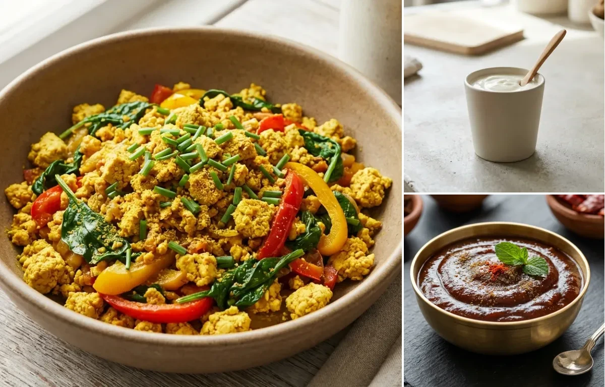 Oats Poha with Tofu Scramble, Plain Yogurt Cup and Tamarind Date Chutney