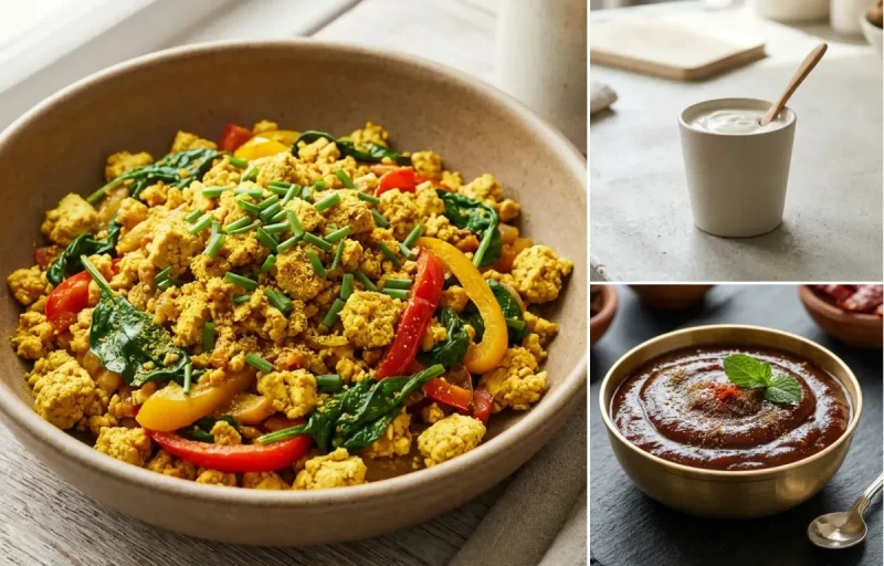 Oats Poha with Tofu Scramble, Plain Yogurt Cup and Tamarind Date Chutney