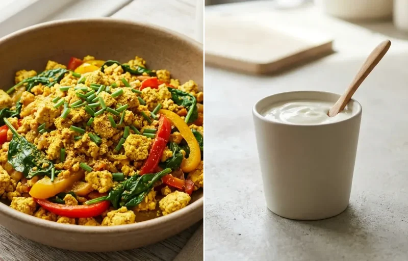 Oats Poha with Tofu Scramble, Tomato Onion Chutney and Plain Yogurt Cup