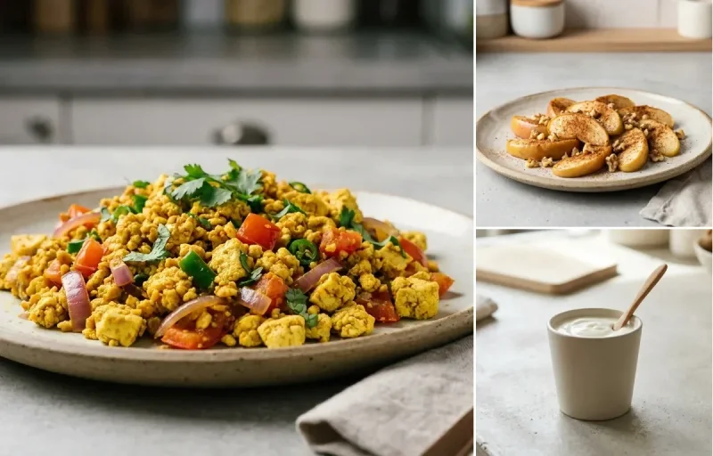 Oats Poha with Vegan Tofu Bhurji, Apple With Cinnamon, Plain Yogurt Cup and Mint Coriander Chutney No-Salt