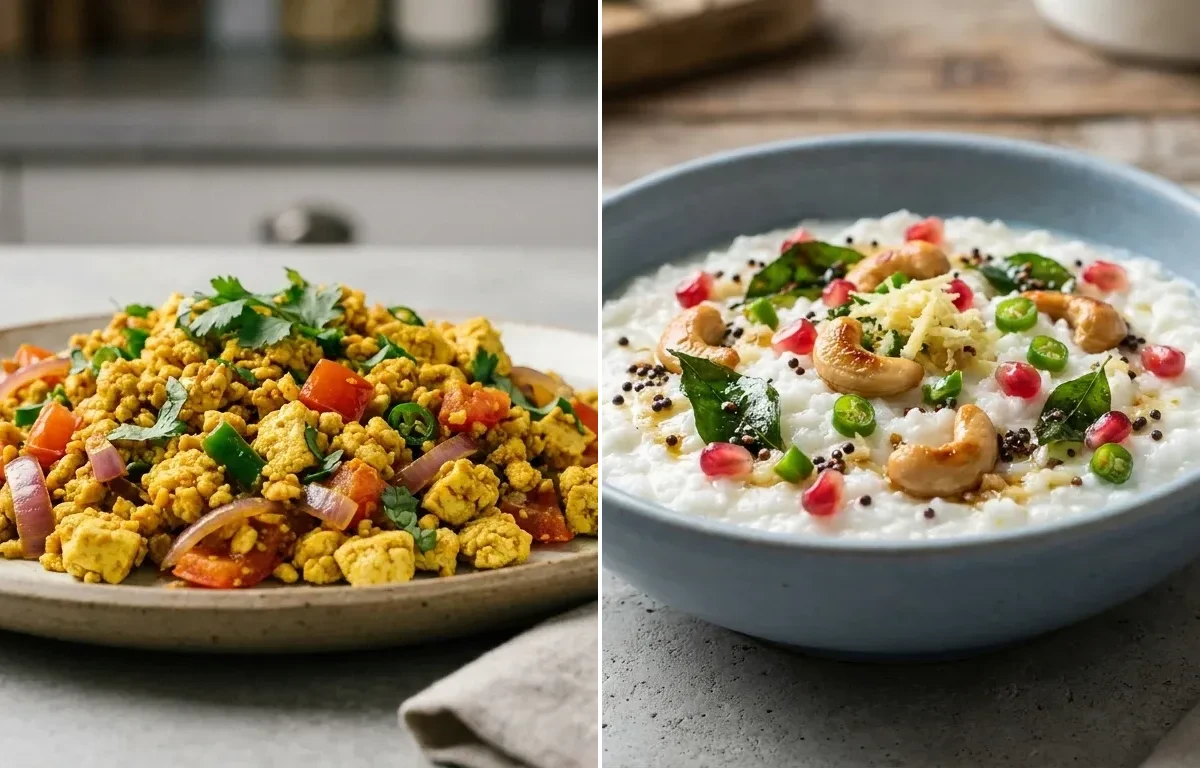 Oats Poha with Vegan Tofu Bhurji, Coriander Coconut Chutney, Cucumber Chaat and Curd Rice Snack Bowl