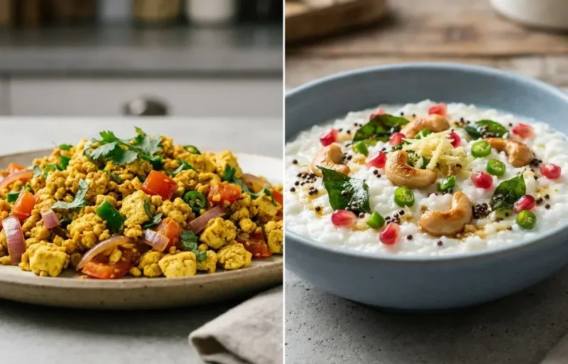 Oats Poha with Vegan Tofu Bhurji, Coriander Coconut Chutney, Cucumber Chaat and Curd Rice Snack Bowl