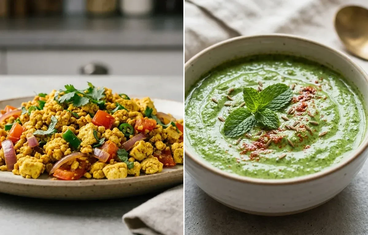 Oats Poha with Vegan Tofu Bhurji, Mint Yogurt Chutney, Yogurt With Fruit and Curd Rice Snack Bowl