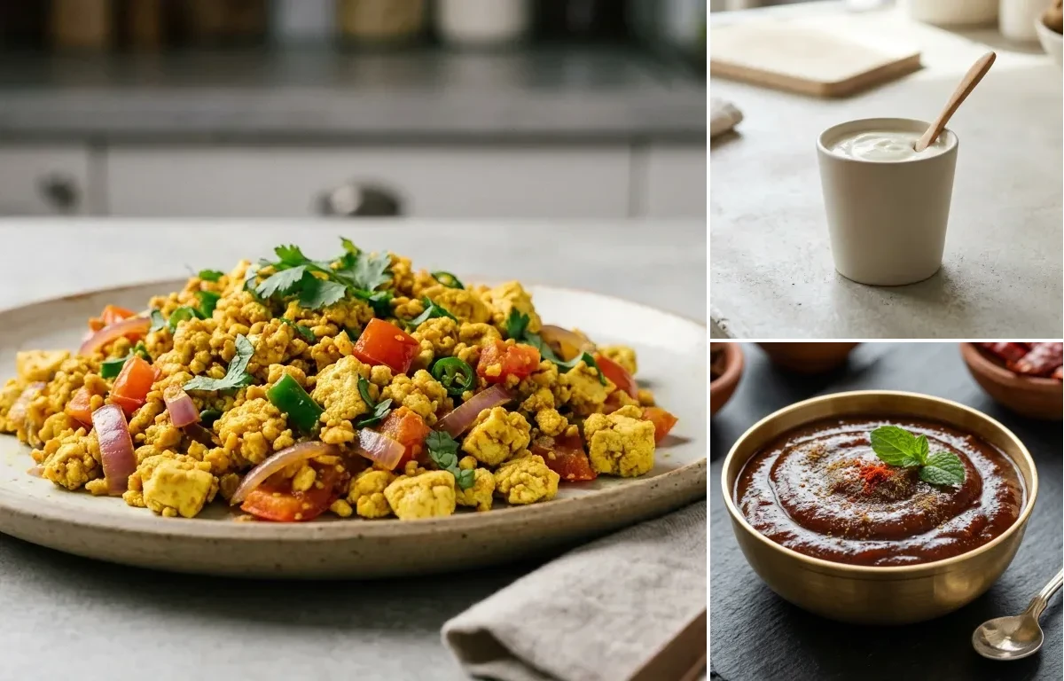 Oats Poha with Vegan Tofu Bhurji, Plain Yogurt Cup and Tamarind Date Chutney
