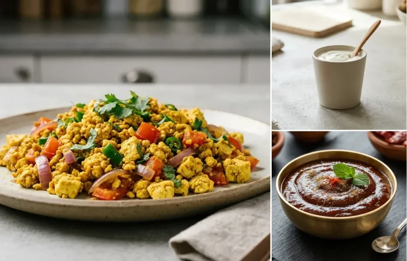 Oats Poha with Vegan Tofu Bhurji, Plain Yogurt Cup and Tamarind Date Chutney