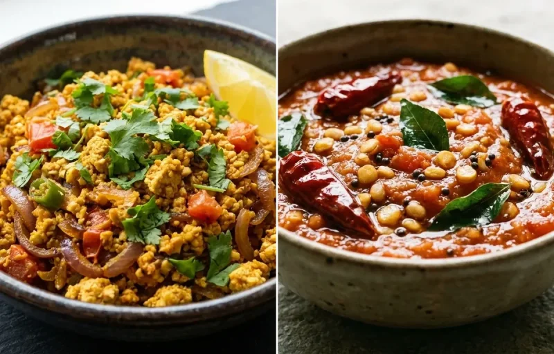Oats Pongal with Tofu Bhurji, Tomato Chutney, Yogurt Berry Bowl and Curd Rice Snack Bowl