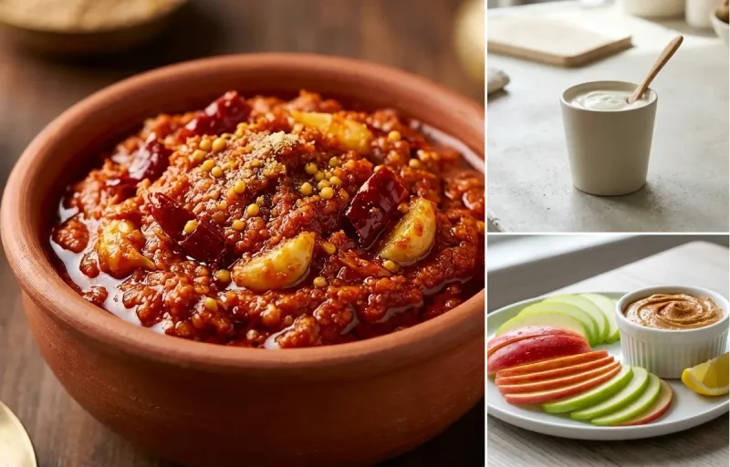 Oats Rava Dosa with Garlic Chutney, Plain Yogurt Cup and Apple Slices With Peanut Butter