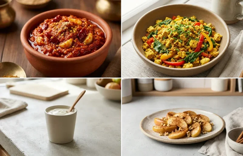 Oats Rava Dosa with Garlic Chutney, Tofu Scramble, Plain Yogurt Cup and Apple With Cinnamon