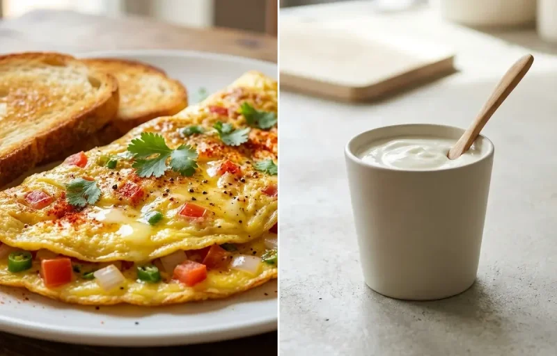 Oats Rava Dosa with Mint Coriander Chutney No-Salt, Bread Omelette and Plain Yogurt Cup