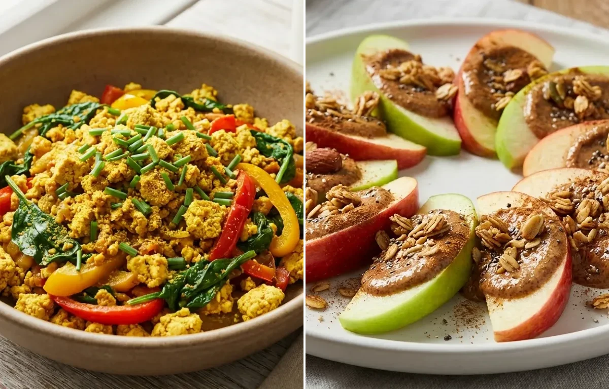 Oats Rava Dosa with Mint Coriander Chutney No-Salt, Tofu Scramble and Apple Slices With Almond Butter