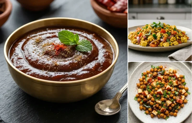 Oats Rava Dosa with Tamarind Date Chutney, Vegan Tofu Bhurji, Plain Yogurt Cup and Roasted Chana With Apple