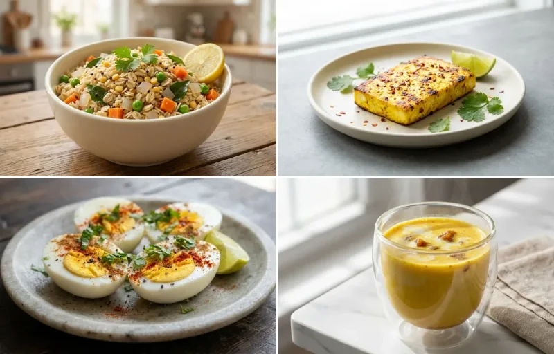 Oats Upma with Paneer Slab with Boiled Eggs with Milk