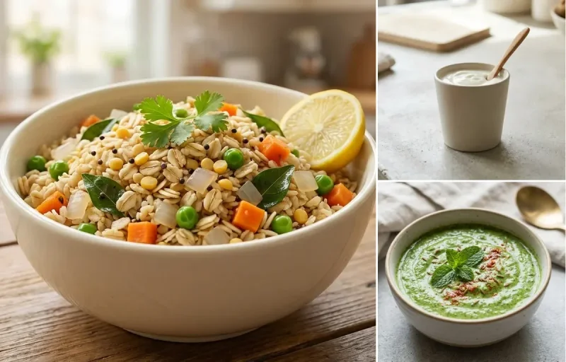 Oats Upma with Two Boiled Eggs, Plain Yogurt Cup and Mint Yogurt Chutney