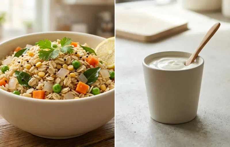 Oats Upma with Yogurt With Fruit and Plain Yogurt Cup