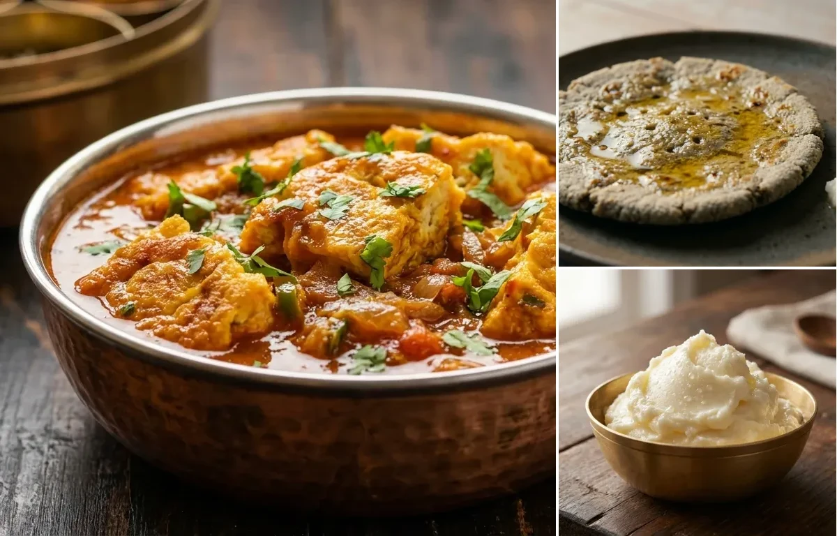Omelette Curry with Bajra Rotlo and White Butter