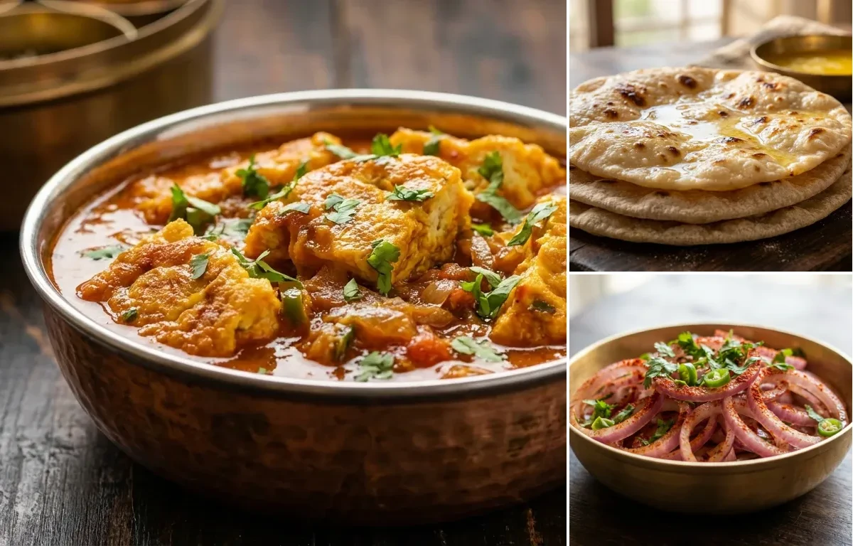 Omelette Curry with Chapati and Onion Salad