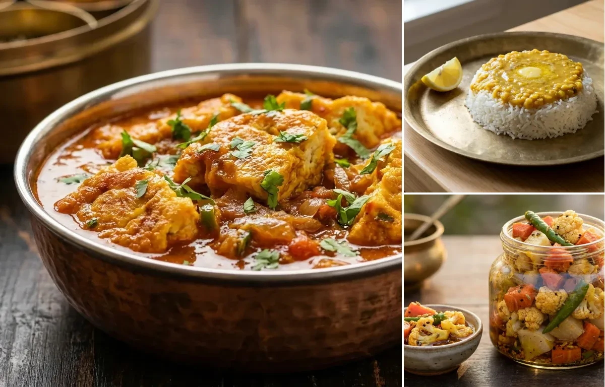 Omelette Curry with Varan Bhaat and Vegetable Pickle