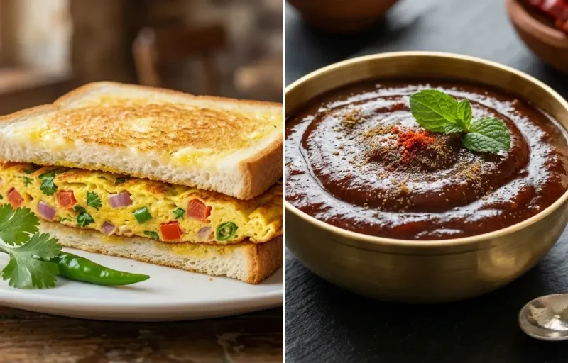 Omelette Sandwich with Cucumber Carrot Sticks With Mint Yogurt Dip and Tamarind Date Chutney